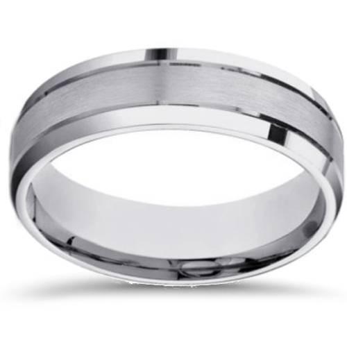 26mm Mens White Gold Brushed Beveled Edge Wedding Band