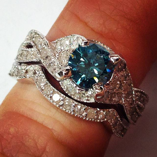 1 1/2ct Blue Diamond Engagement Ring Infinity Set 14K White Gold