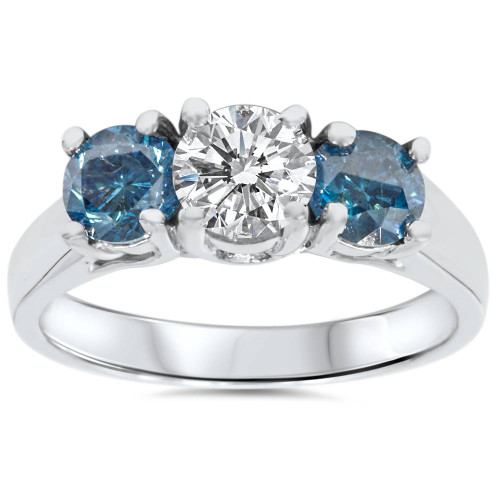 1 3/4ct Blue & White Diamond Three Stone Engagement 14K White Gold Ring