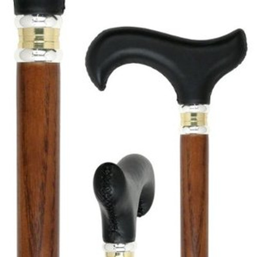 Black Leather Derby Walking Cane With Ash Wood Shaft and Two Tone Collar Black Leather Derby Walking Cane With Ash Wood Shaft and Two Tone Collar