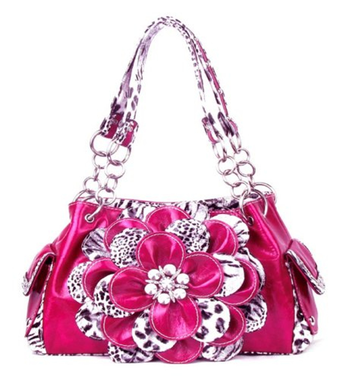 Leopard Pink Flower Rhinestone Handbag