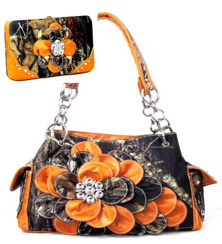 Western Orange Camouflage Buckle Rhinestone Purse W Matching Wallet