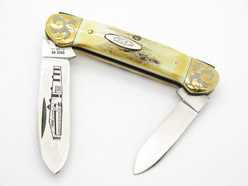 1980 CASE XX 52131 CANOE 2 BLADE STAG FOLDING POCKET KNIFE GOLD SCROLL