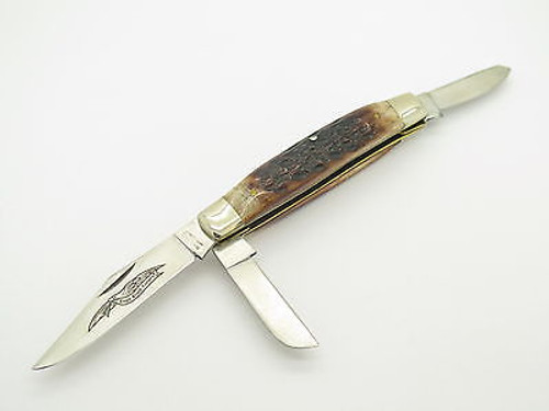 VINTAGE PARKER EAGLE JIGGED BONE HANDLE 3 BLADE STOCKMAN FOLDING POCKET KNIFE