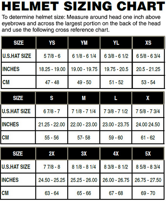 Fly Racing Helmet Size Chart